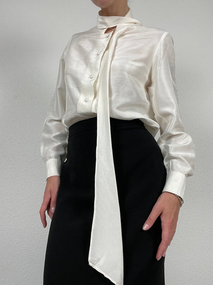 Vintage Ivory Silk Bow Blouse – Size S