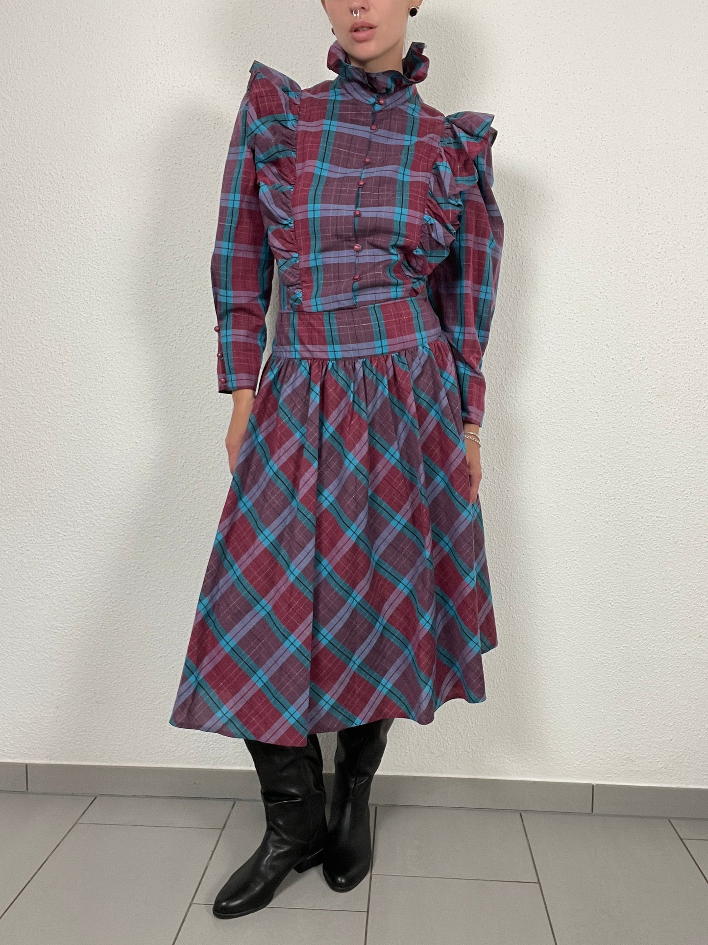 vintage 80s checkered midi dress with ruffles on the shoulders