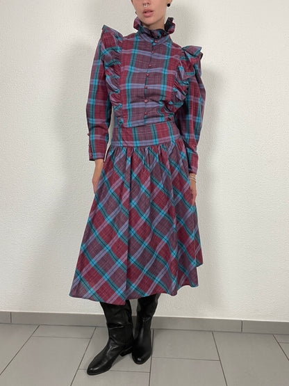 vintage 80s checkered midi dress with ruffles on the shoulders