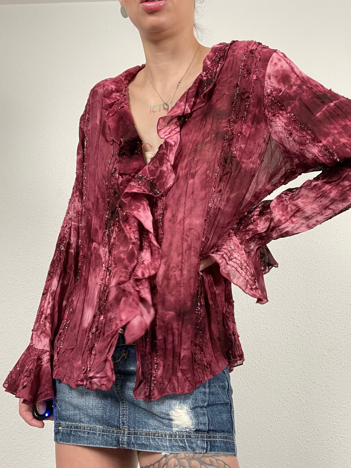 Vintage early 2000s burgundy ruffled blouse by Claudia Richard