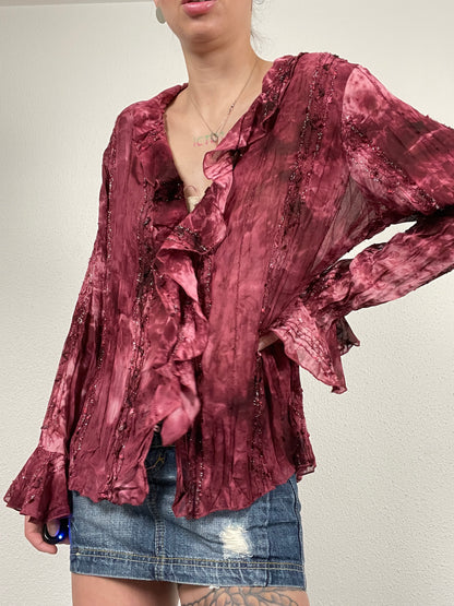 Vintage early 2000s burgundy ruffled blouse by Claudia Richard
