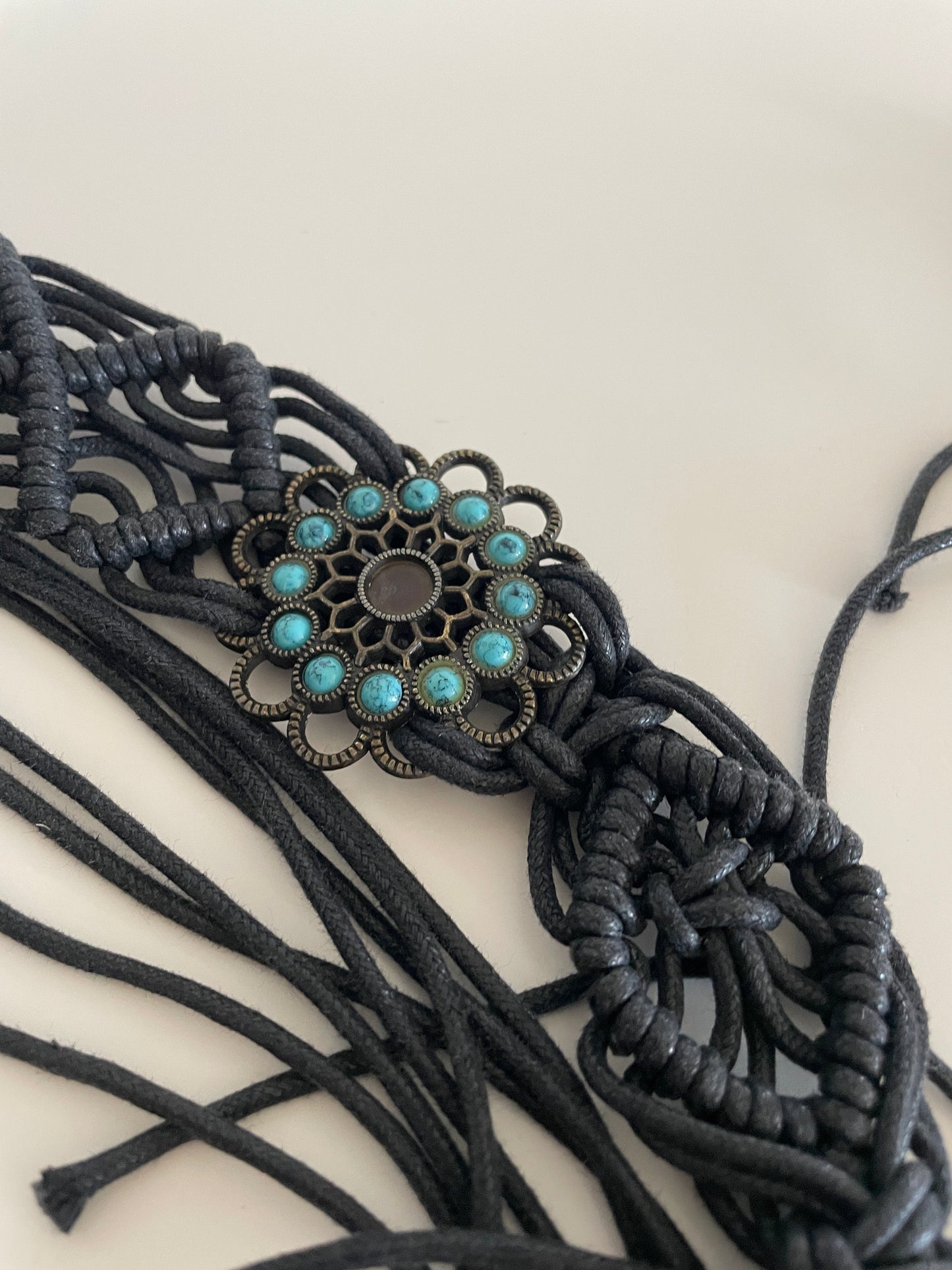 Boho macramé belt with turquoise-style medallions