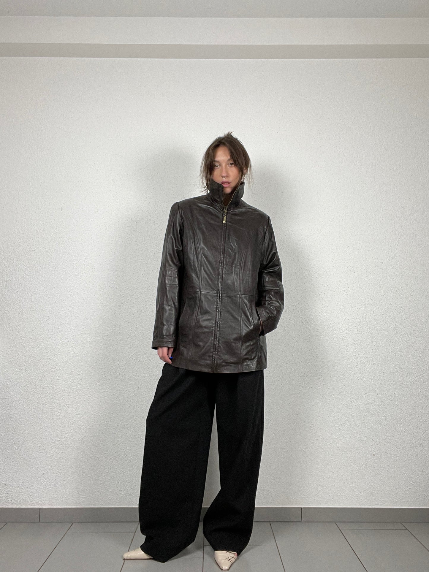 Vintage Y2K early 2000s dark brown leather jacket with stand collar