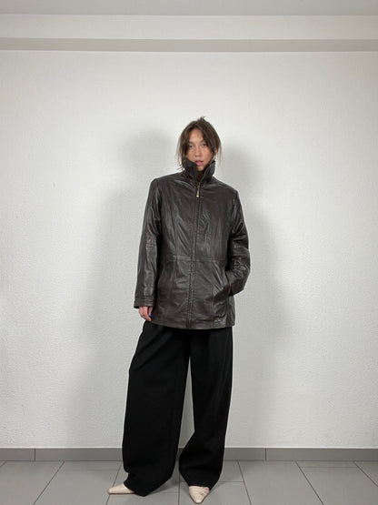 Vintage Y2K early 2000s dark brown leather jacket with stand collar