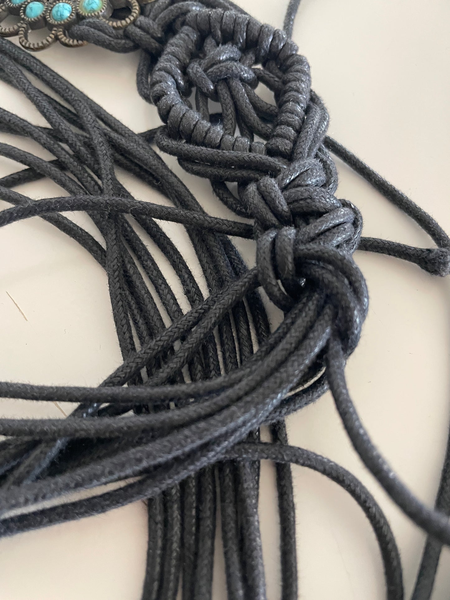 Boho macramé belt with turquoise-style medallions