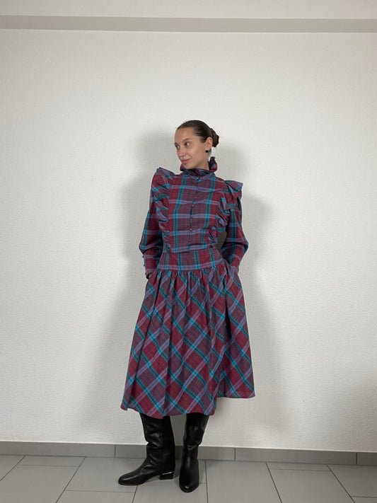 vintage 80s checkered midi dress with ruffles on the shoulders