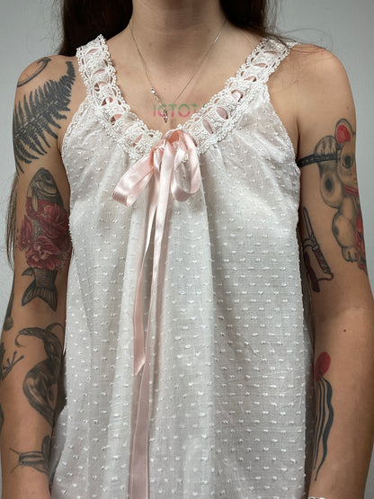 White Cotton Sleeveless Dress with Lace and Bow