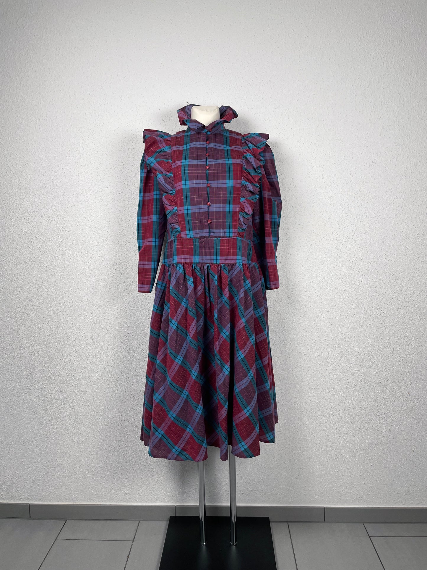 vintage 80s checkered midi dress with ruffles on the shoulders