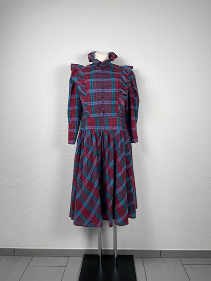 vintage 80s checkered midi dress with ruffles on the shoulders