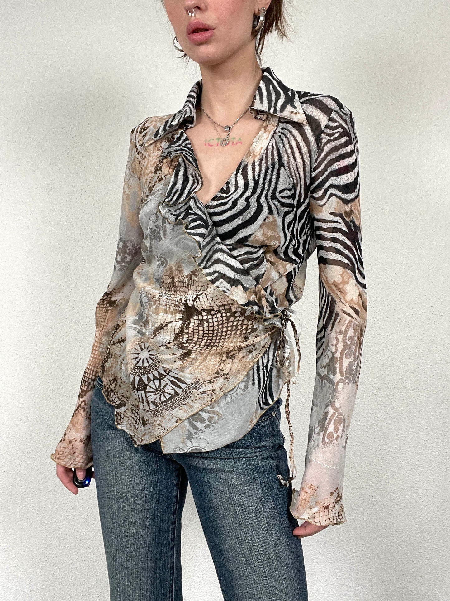 Vintage Y2K Zebra Print Wrap Blouse