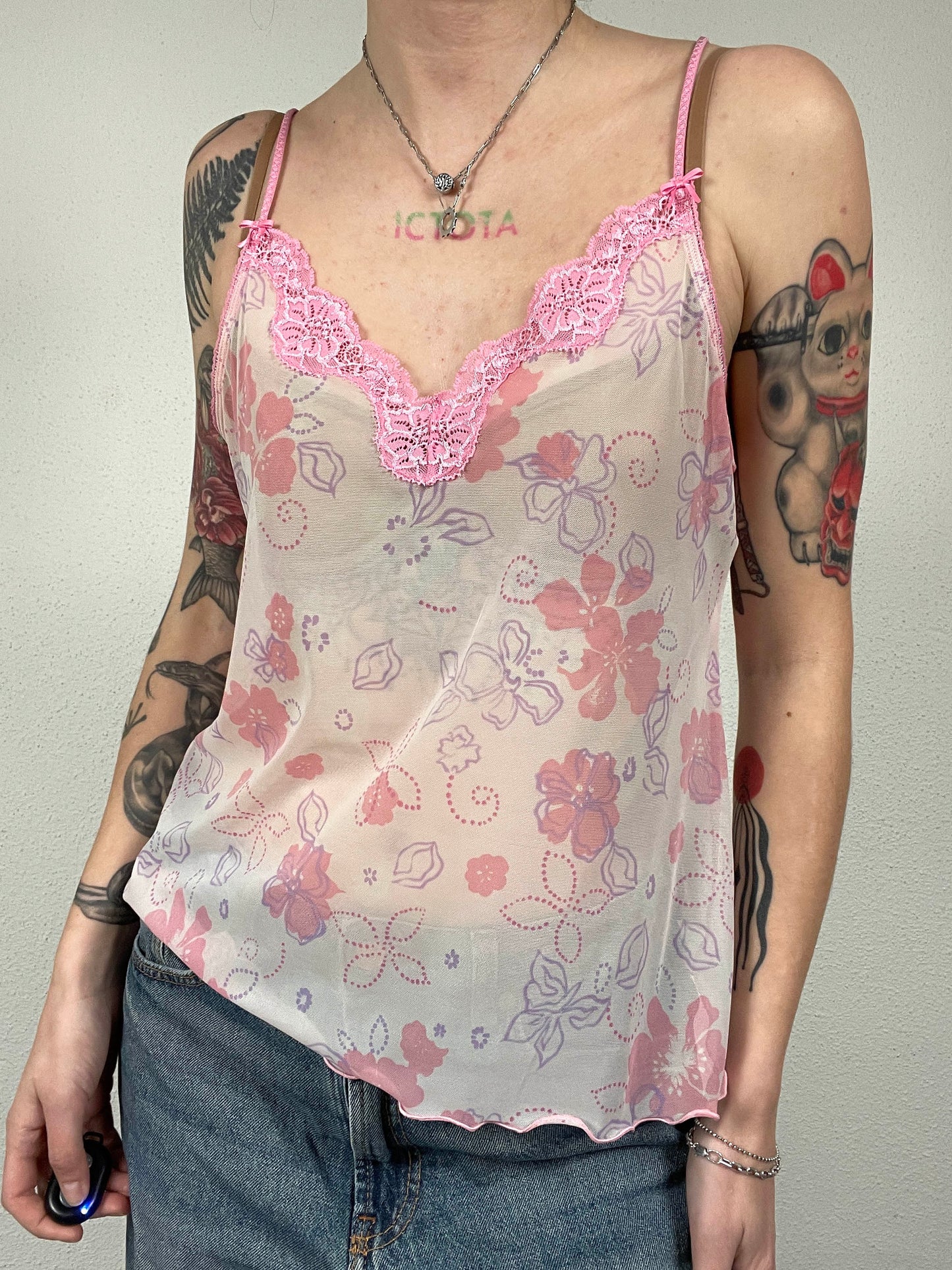 Vintage Sheer Pink Lace Cami Top