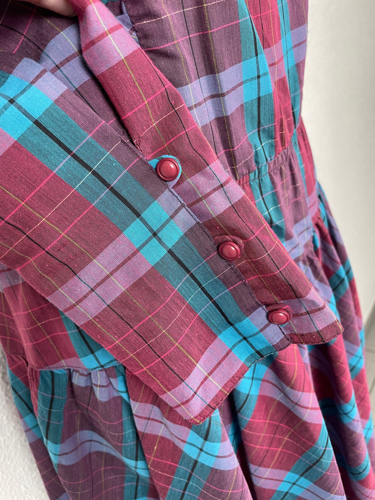 vintage 80s checkered midi dress with ruffles on the shoulders
