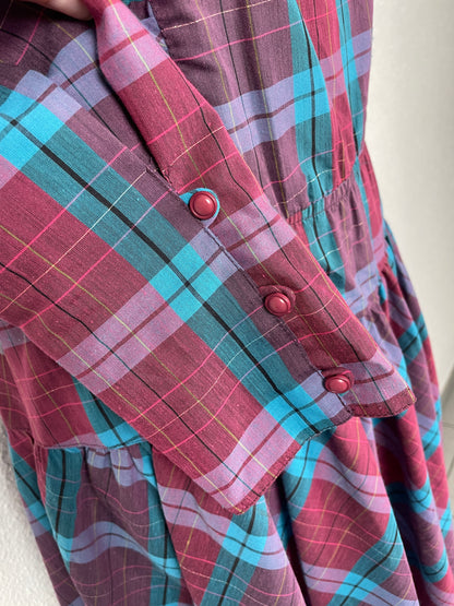 vintage 80s checkered midi dress with ruffles on the shoulders