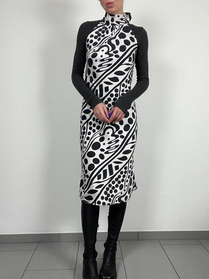 Vintage s.Oliver 100% Silk Midi Dress – Abstract Black & White Print – Size 36