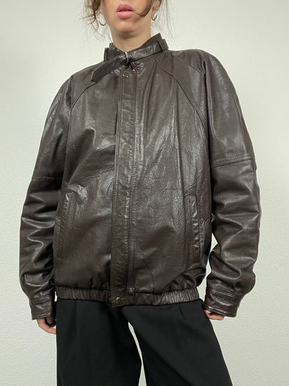 Vintage 80s hard leather brown bomber jacket