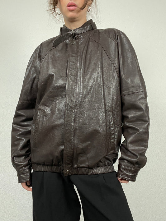 Vintage 80s hard leather brown bomber jacket