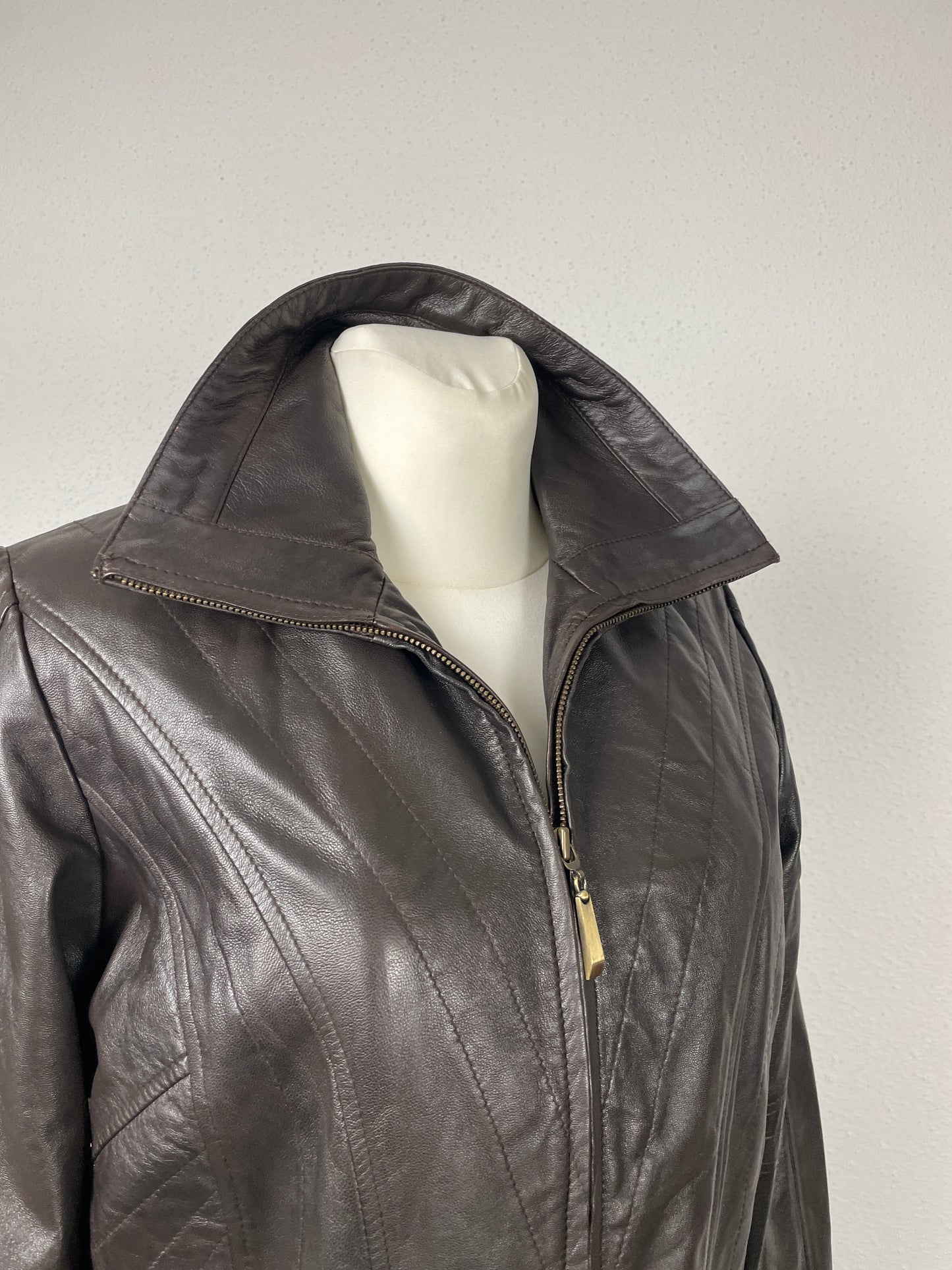 Vintage Y2K early 2000s dark brown leather jacket with stand collar