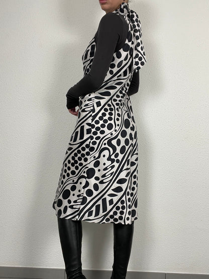 Vintage s.Oliver 100% Silk Midi Dress – Abstract Black & White Print – Size 36