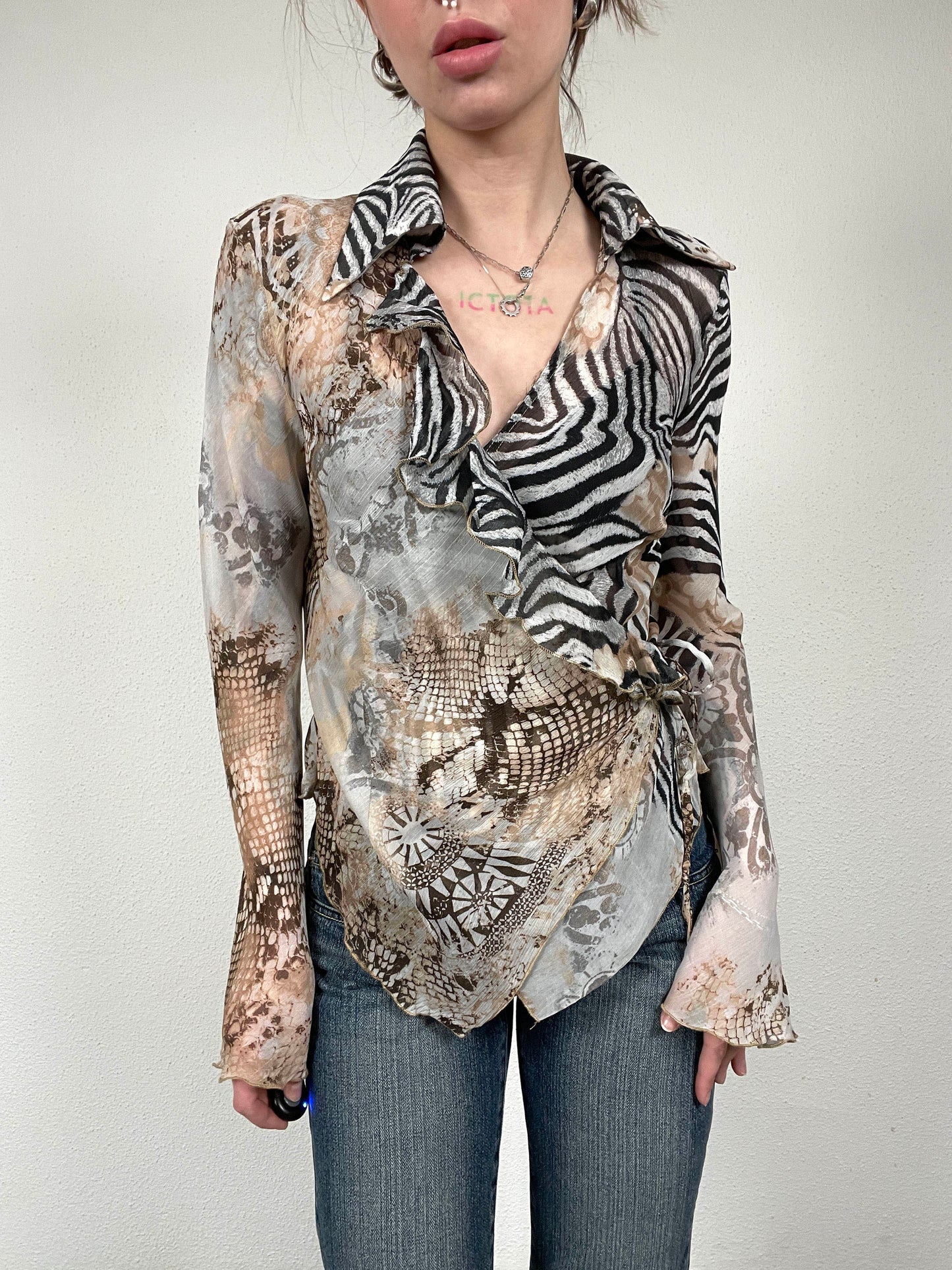 Vintage Y2K Zebra Print Wrap Blouse