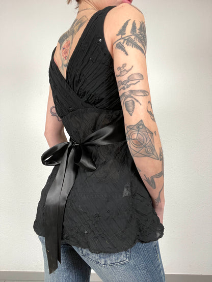 Vintage Y2K Black Embroidered Top with Satin Belt