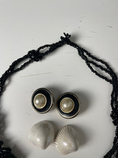 80s Vintage Black Enamel & Faux Pearl Clip-On Earrings