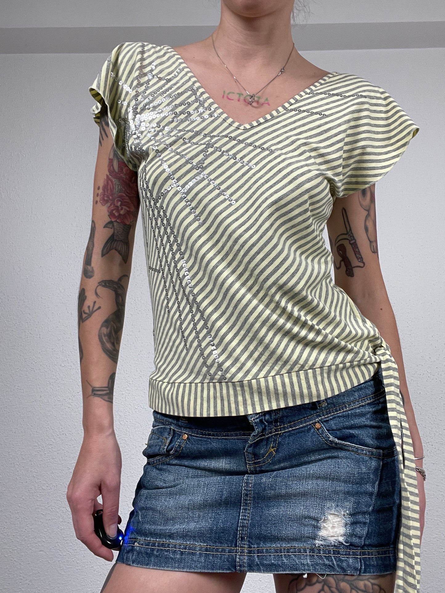 Vintage early 2000s yellow & grey striped sequin wrap top by Amaranto