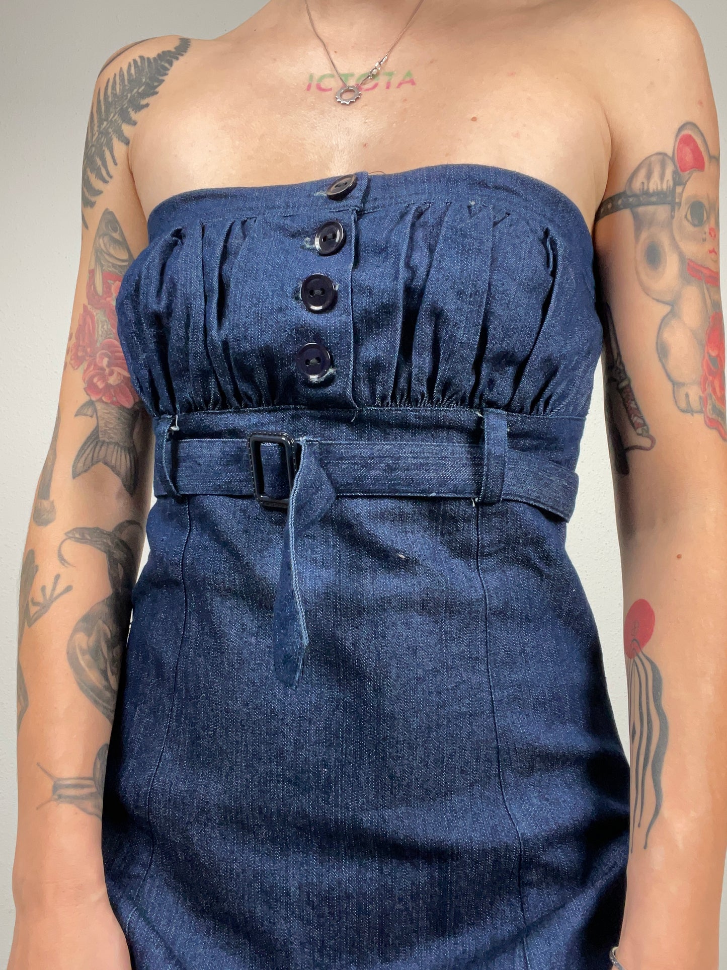 Vintage Y2K Strapless Denim Mini Dress with Belt – Size S