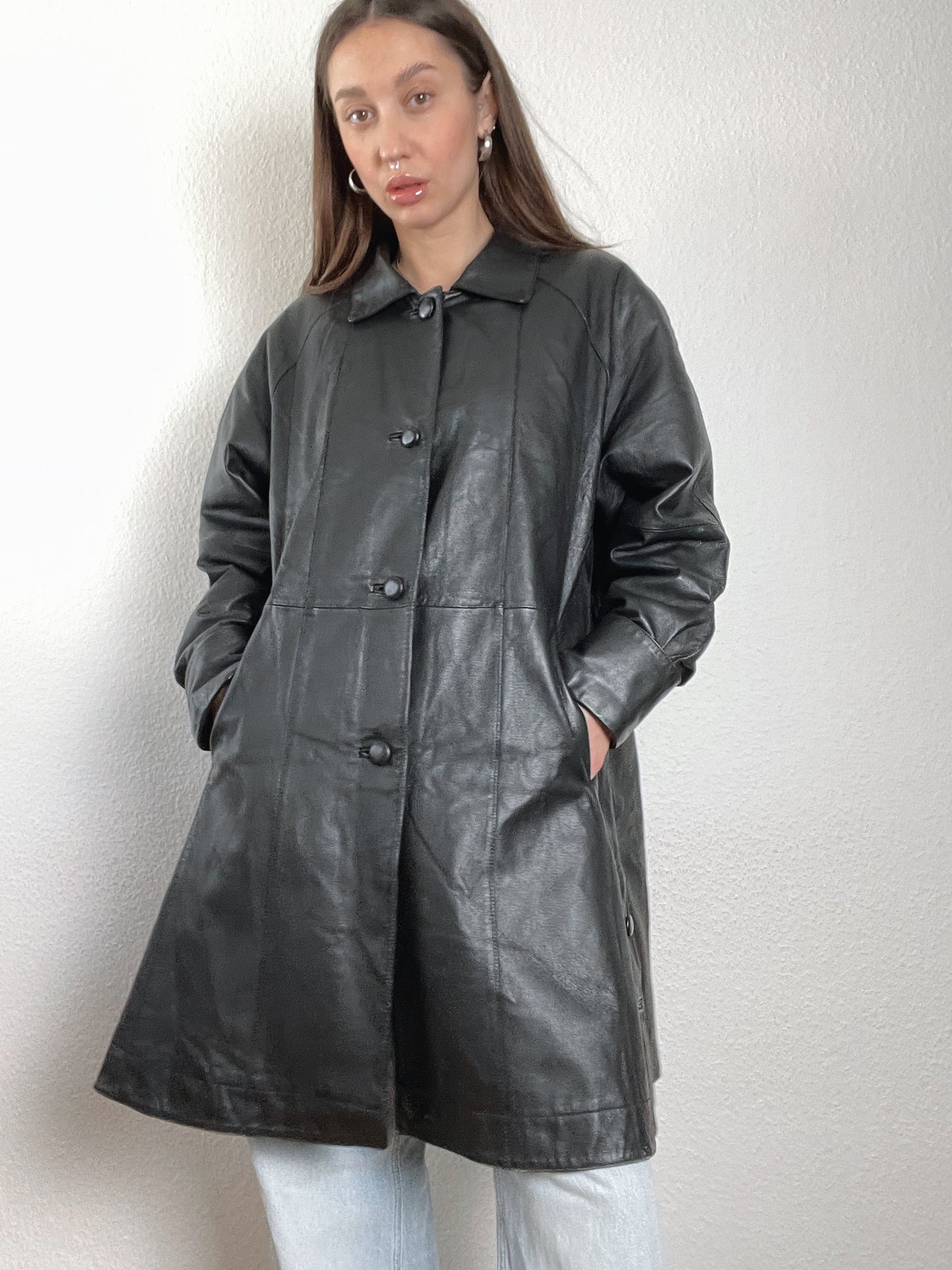 Vintage 90s black leather trench coat