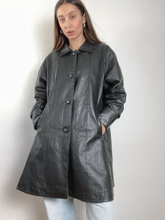 Vintage 90s black leather trench coat