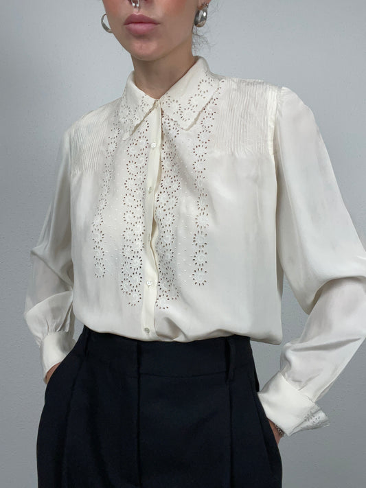 Vintage 1980s Silk Blouse with Broderie Anglaise Cutwork – Size M