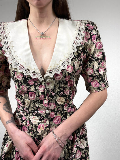 Vintage 80s Floral Midi Dress with Lace Collar