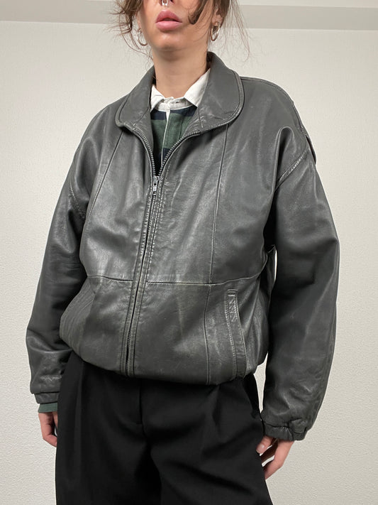 Vintage 90s grey leather bomber jacket