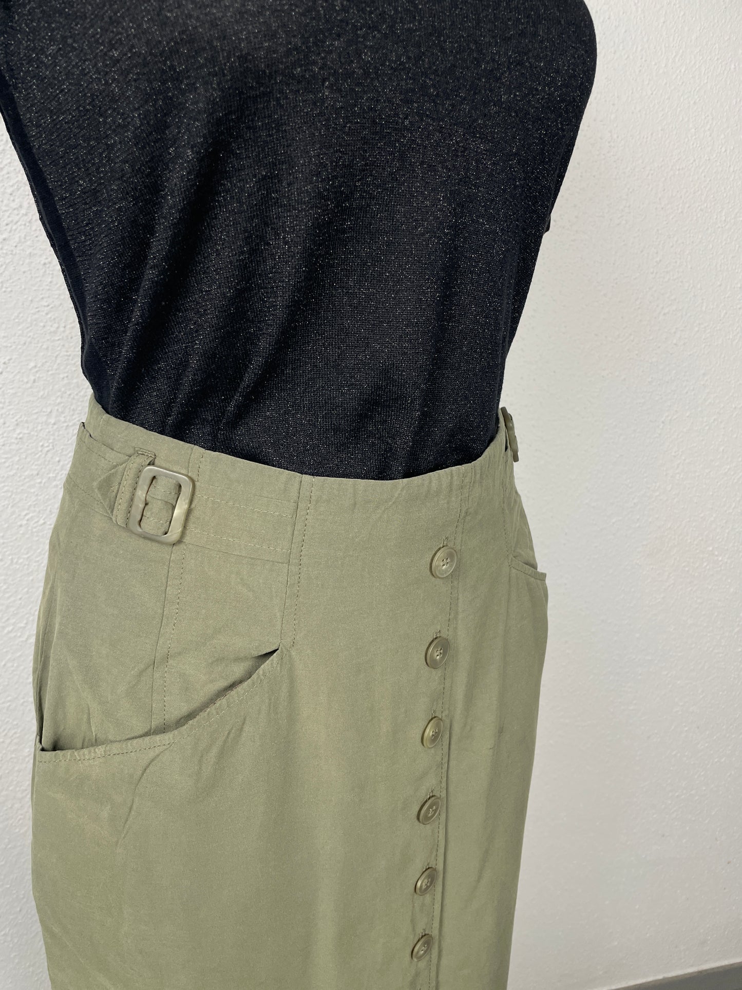 Vintage Bianca Olive Midi Skirt with Button Front – Size 38