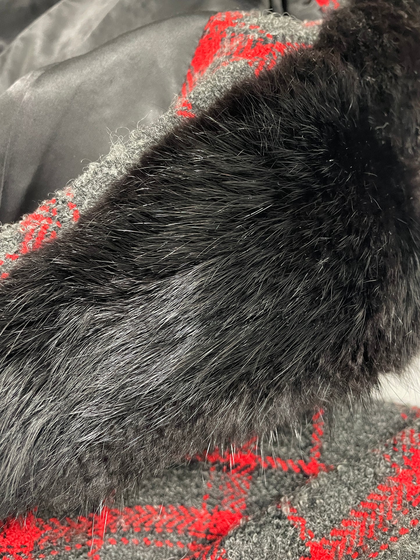 Vintage 1990s grey and red checkered wool coat with faux fur collar
