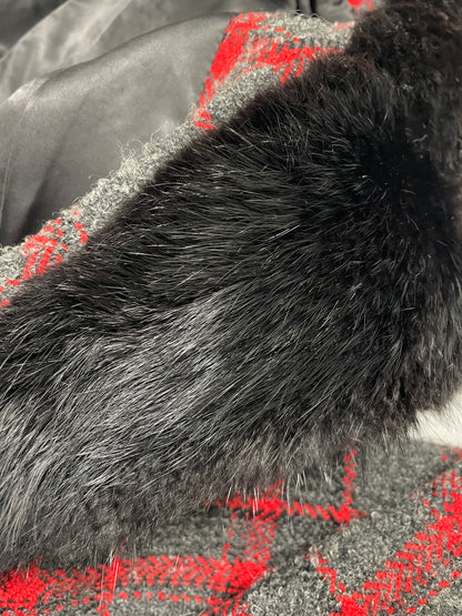 Vintage 1990s grey and red checkered wool coat with faux fur collar