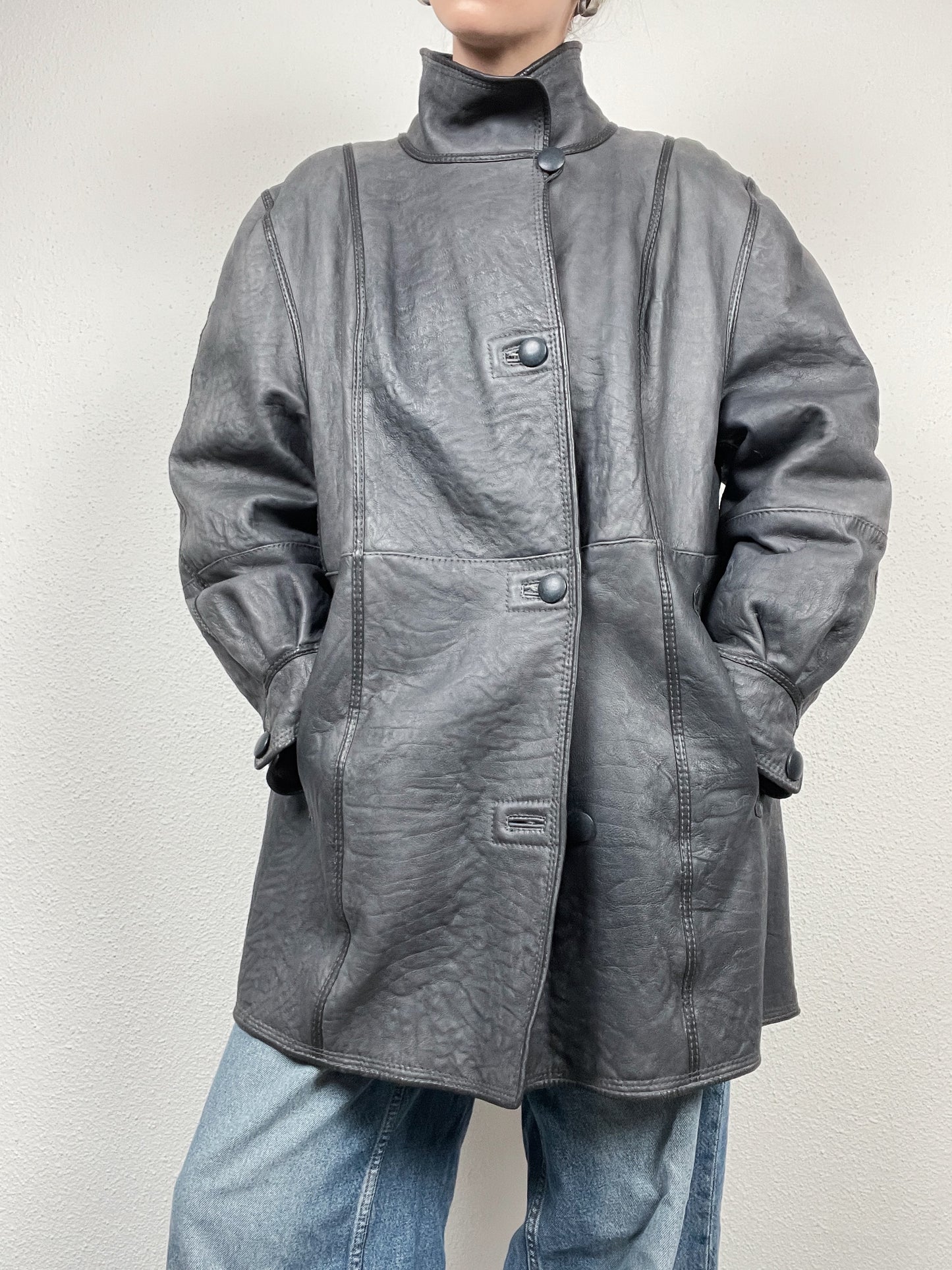 Vintage ’90s reversible genuine leather & curly shearling coat.