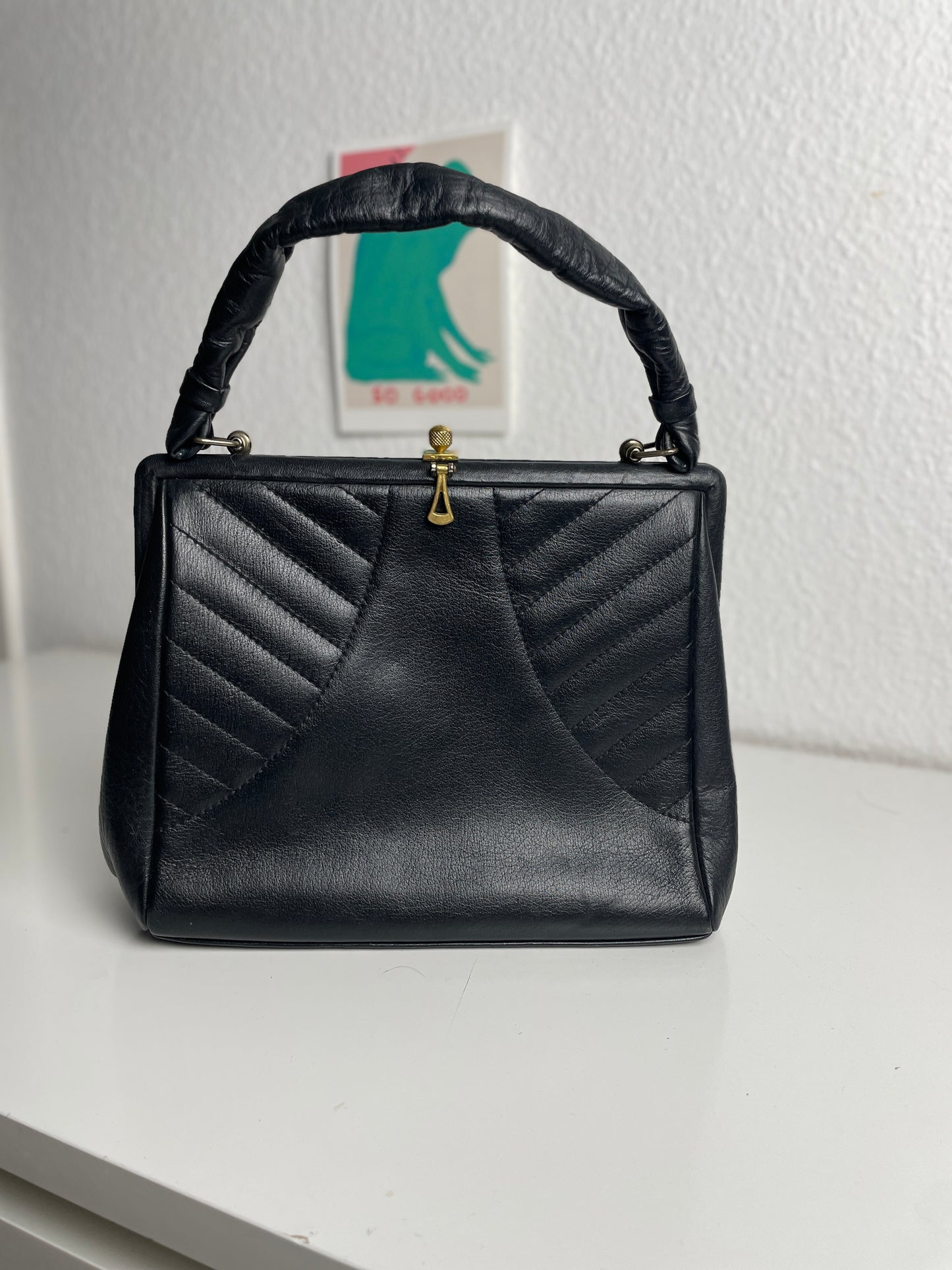 70s Vintage Swiss Made Black Leather Handle Bag