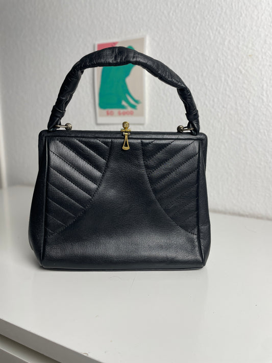 70s Vintage Swiss Made Black Leather Handle Bag