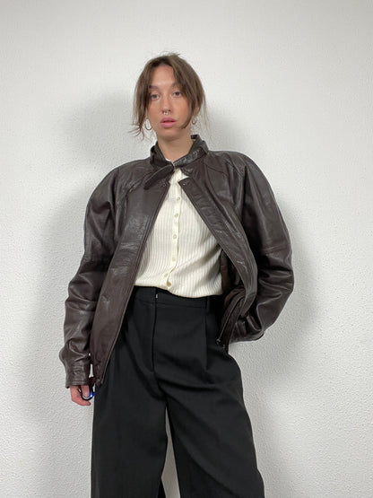 Vintage 80s hard leather brown bomber jacket
