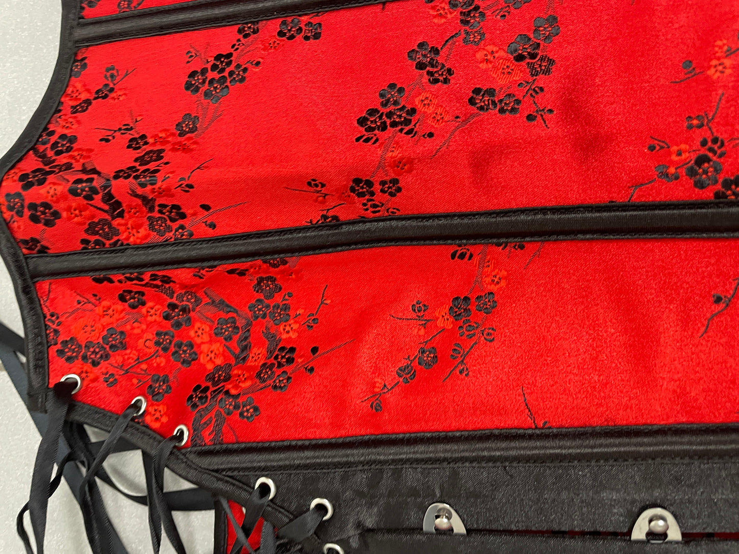 Red & black floral satin corset