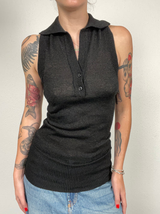 Vintage Y2K Black Metallic Knit Polo Tank Top – Size S/M
