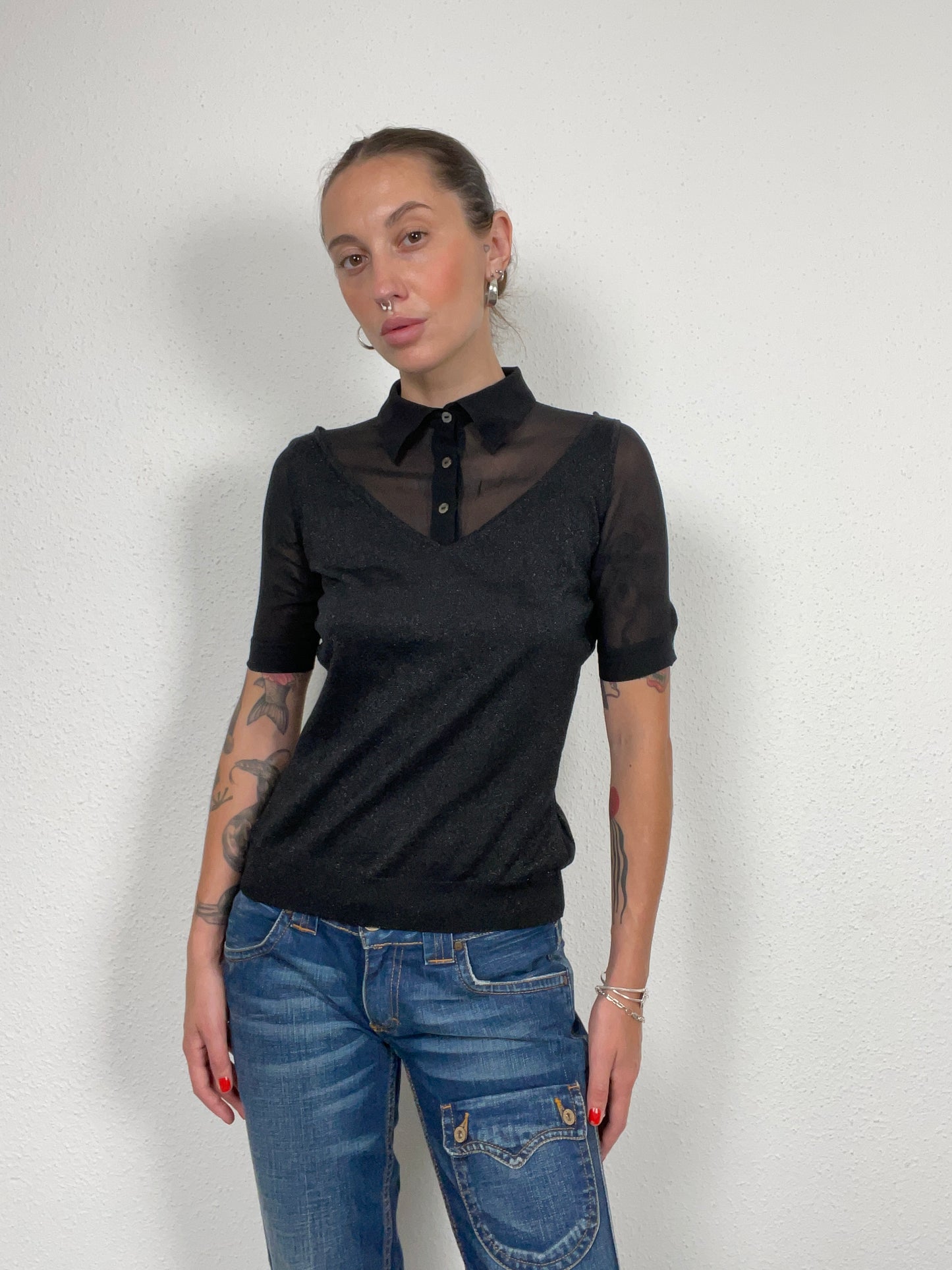 Vintage D&G Black Sheer Panel Polo Knit with Lurex – Size XS