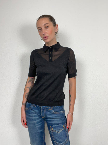Vintage D&G Black Sheer Panel Polo Knit with Lurex – Size XS