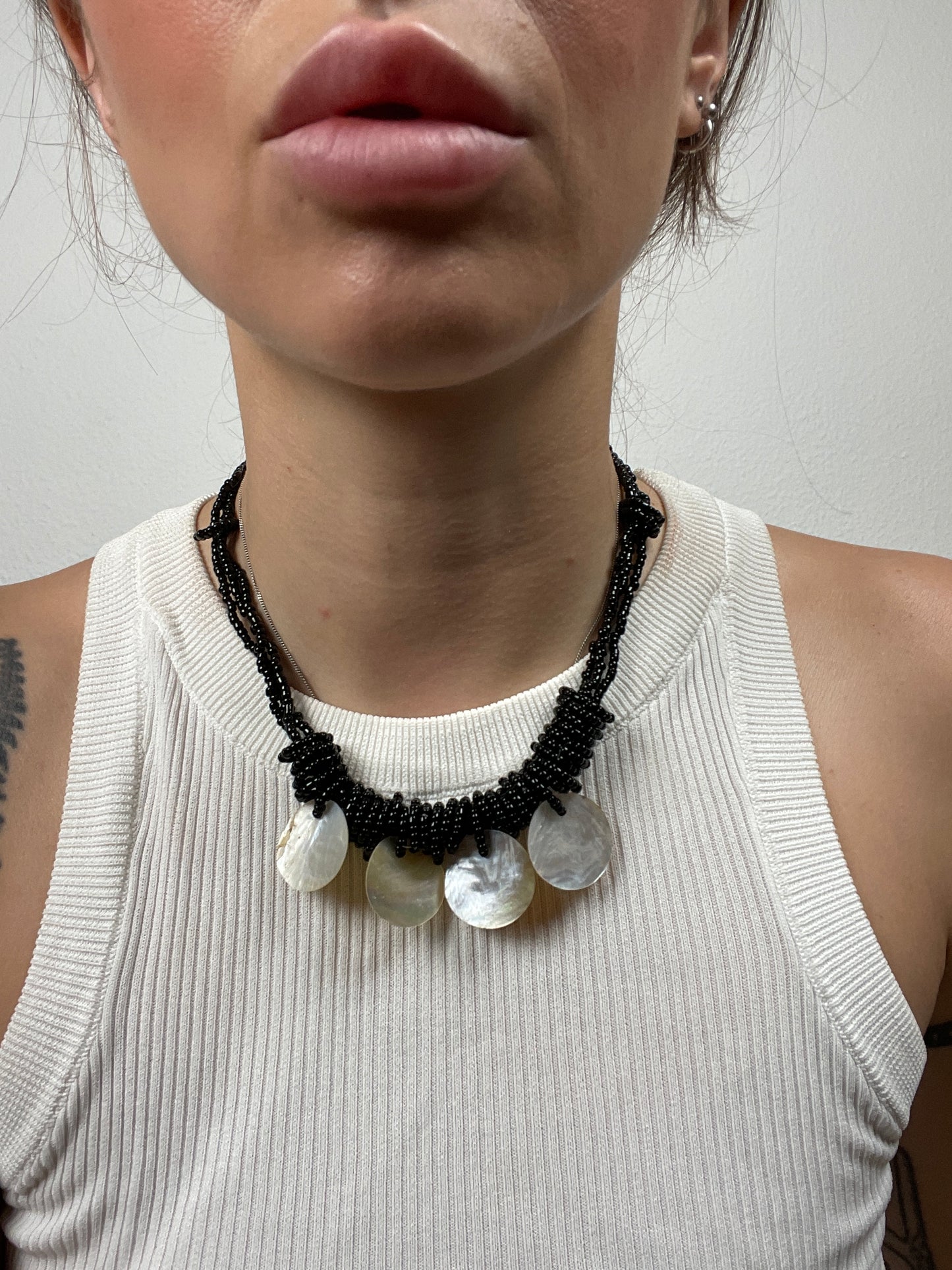 Vintage Black Beaded Necklace with Shell Discs