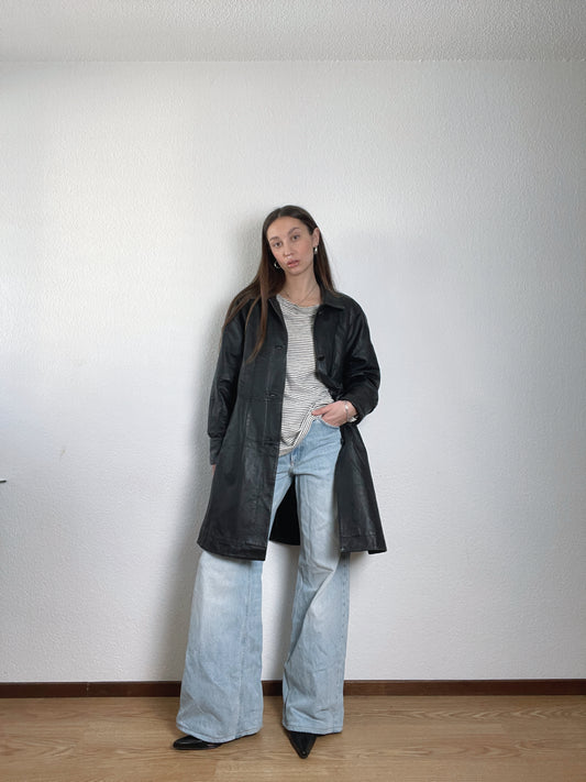 Vintage 90s black leather trench coat