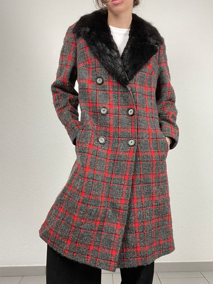 Vintage 1990s grey and red checkered wool coat with faux fur collar
