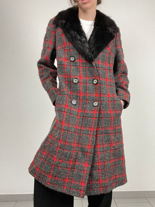 Vintage 1990s grey and red checkered wool coat with faux fur collar