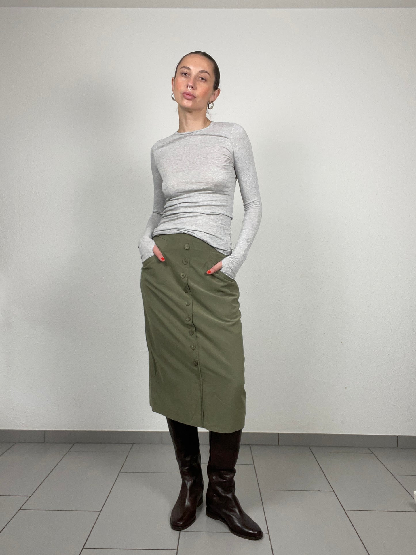 Vintage Bianca Olive Midi Skirt with Button Front – Size 38