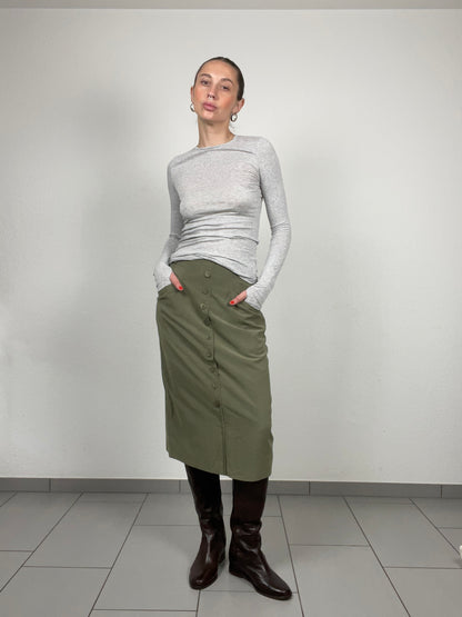 Vintage Bianca Olive Midi Skirt with Button Front – Size 38