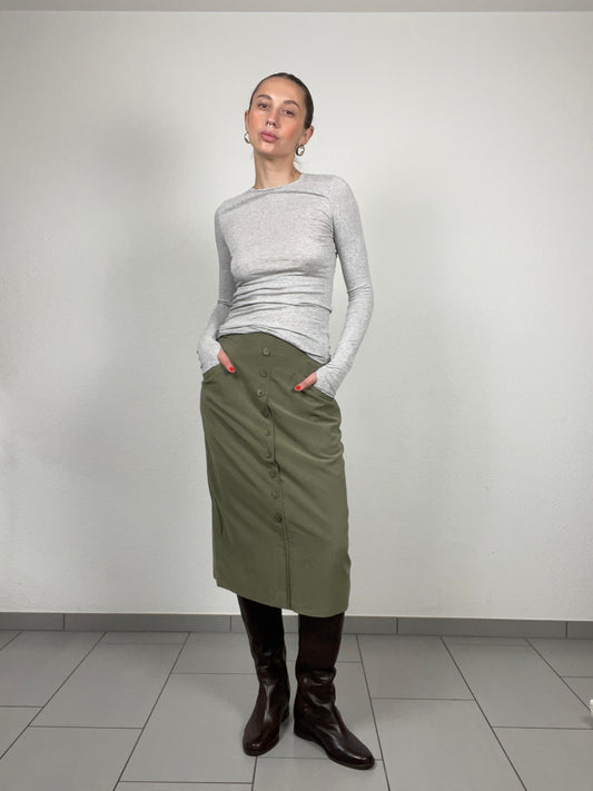 Vintage Bianca Olive Midi Skirt with Button Front – Size 38